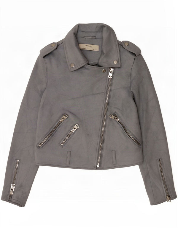 Zara Veste de motard militaire en faux suède pour femme UK 6 XS Gris Polyester