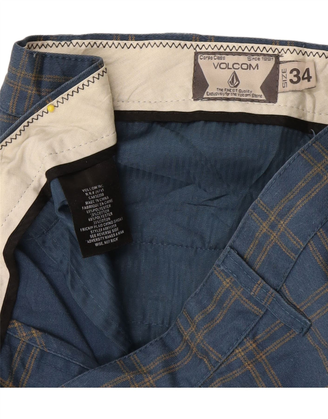 Volcom Short Chino Homme W34 Grand Carreau Bleu Polyester