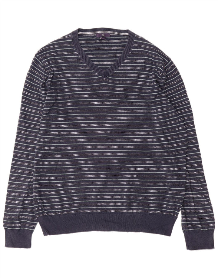 Gap Pull Col V Homme Bleu Marine Rayé Coton Moyen