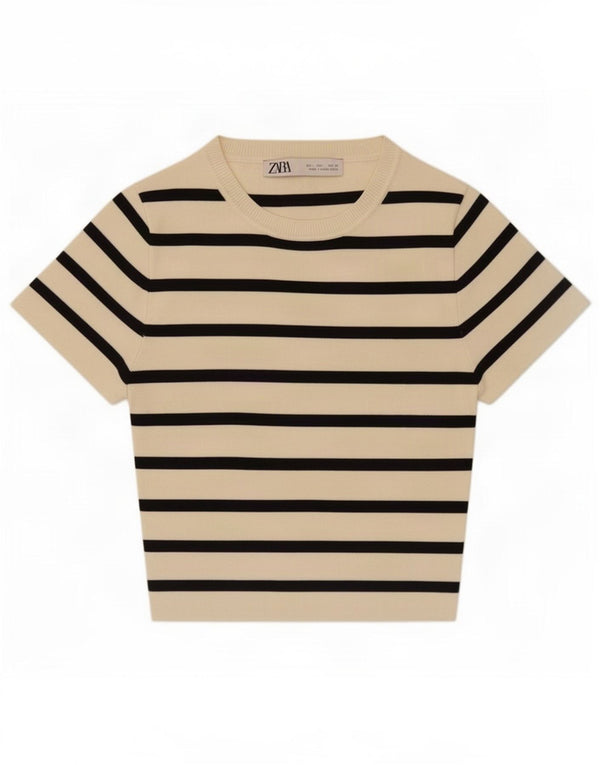 Zara Womens Crop T-Shirt Top UK 14 Grand Beige Rayé