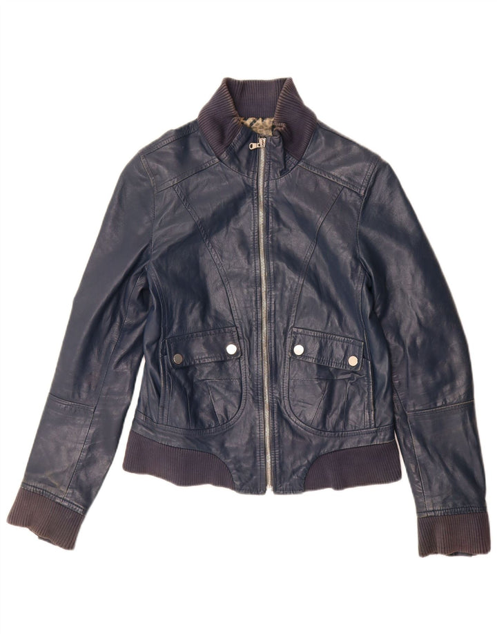 Veste en cuir crop femme vintage IT 44 Cuir bleu marine moyen