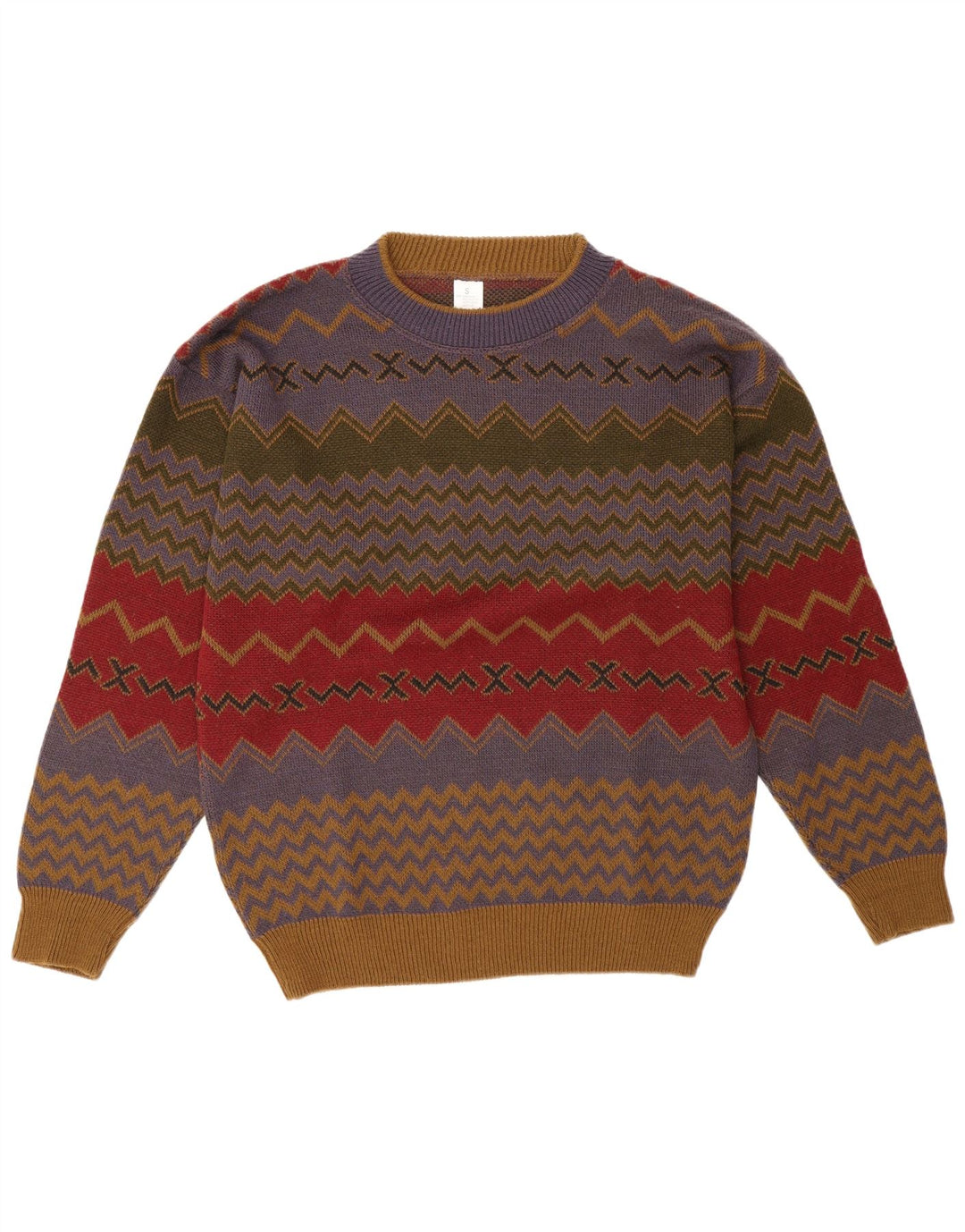 vintage Mens Crew Neck Jumper Pull Petit Chevron Multicolore Acrylique