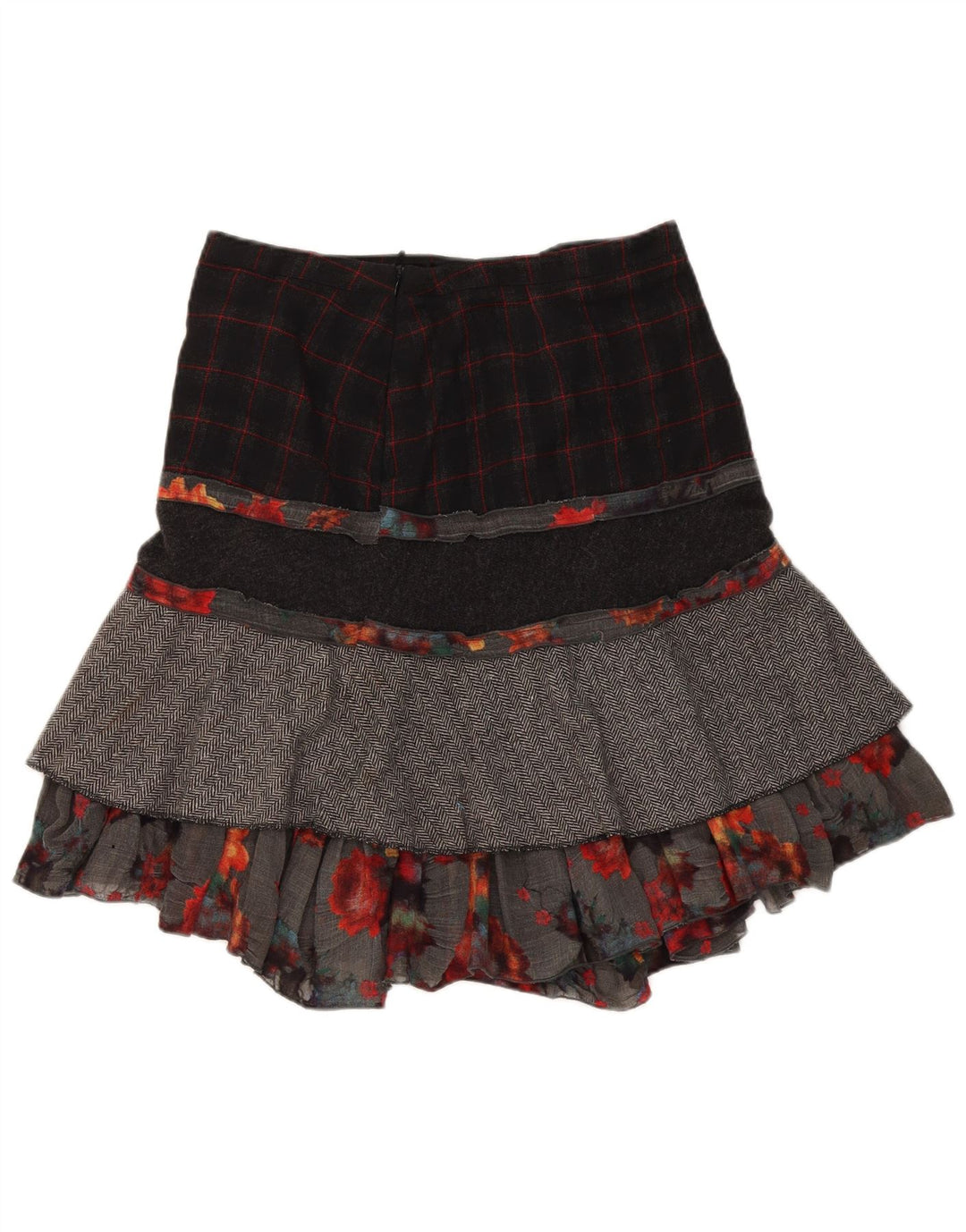 Bellissima Femme Jupe Étagée W32 Large Multicolore Patchwork Laine