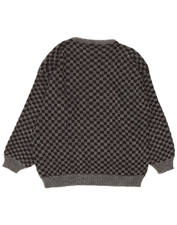 vintage Mens V-Col Jumper Pull Grand Gris Géométrique Acrylique