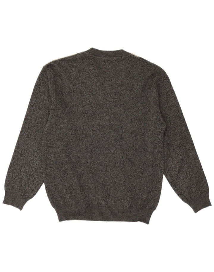 vintage Mens V-Col Jumper Pull Moyen Gris Géométrique Laine Mérinos