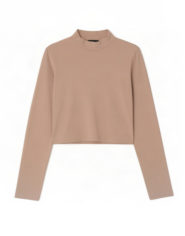 Zara Womens Crop Top Manches Longues UK 10 Petit Coton Beige