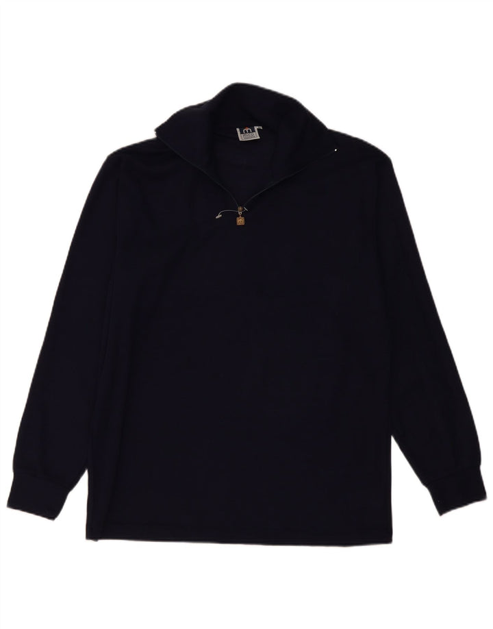 vintage Homme Zip Neck Jumper Pull IT 50 Laine Bleu Marine Moyenne