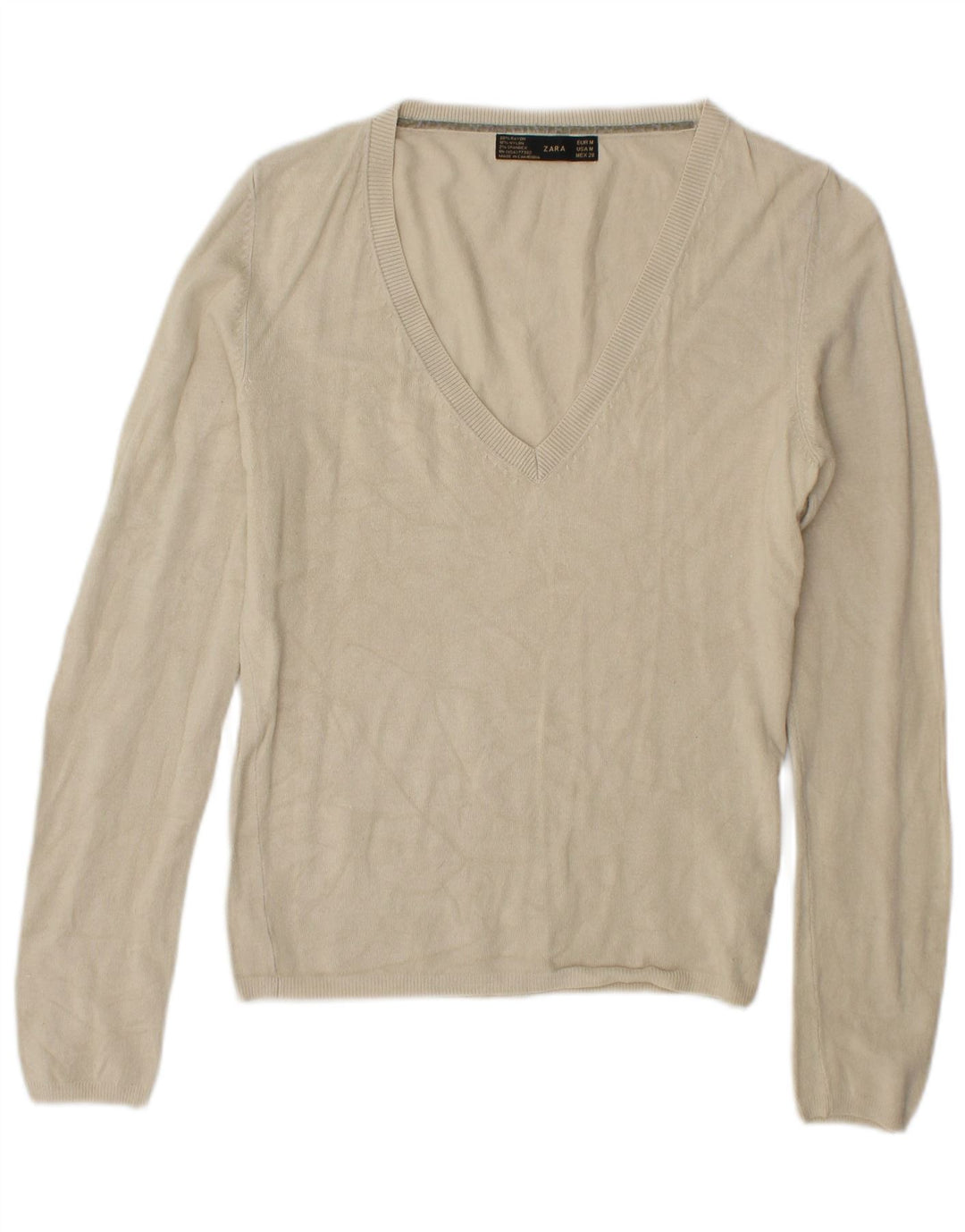 Zara Pull col V pour femme UK 14 Rayonne beige moyen
