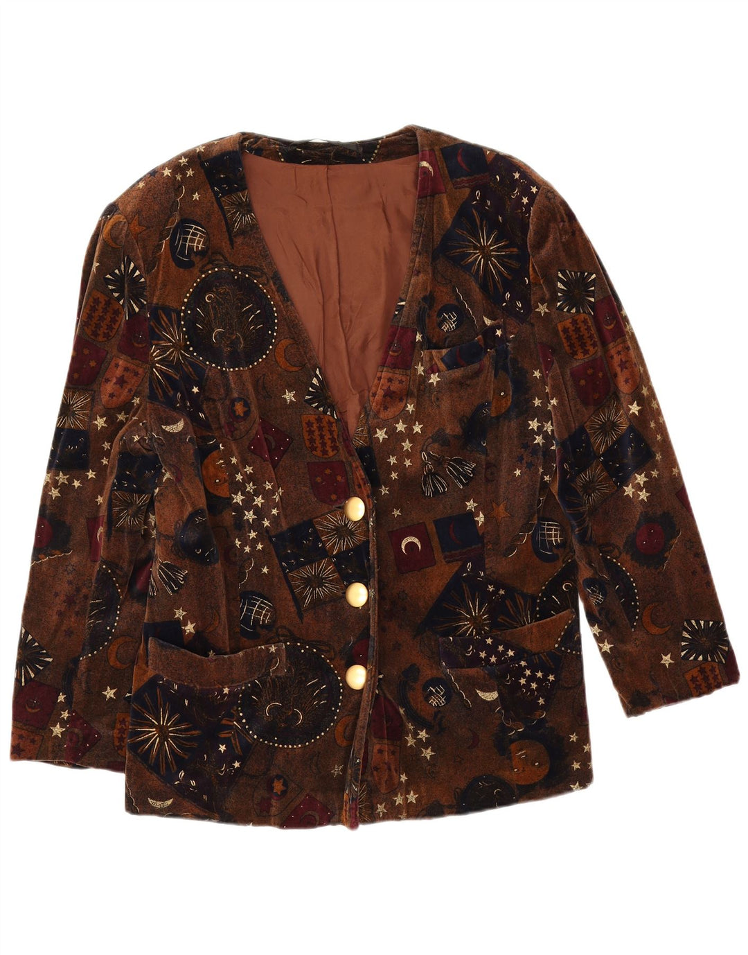 vintage Femmes Velours 3 Bouton Blazer Veste UK 14 Moyen Brun Géométrique