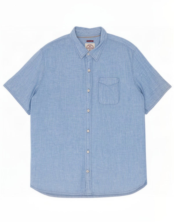 Fat Face Chemise à manches courtes pour homme en lin à fines rayures bleues