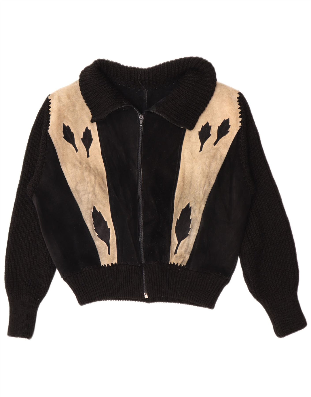 vintage Womens Bomber Suede Jacket UK 16 Grand Colorblock Noir