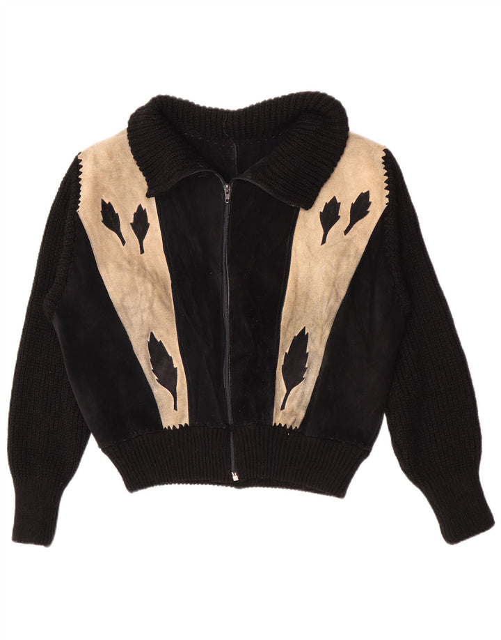vintage Womens Bomber Suede Jacket UK 16 Grand Colorblock Noir