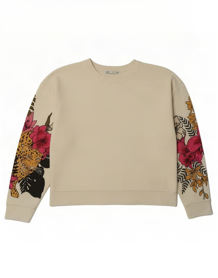Zara Sweat-shirt surdimensionné graphique pour femme UK 14 Medium Blanc Floral