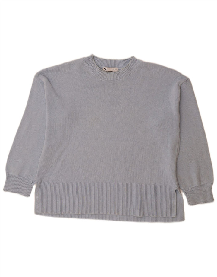 Zara Pull surdimensionné à col rond pour femme UK 14 Bleu moyen Coton