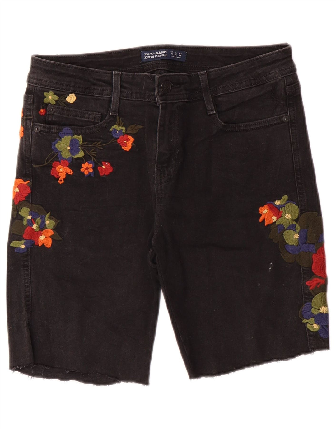 Zara Short en jean graphique pour femme EU 38 Petit W28 Noir Floral Bohème