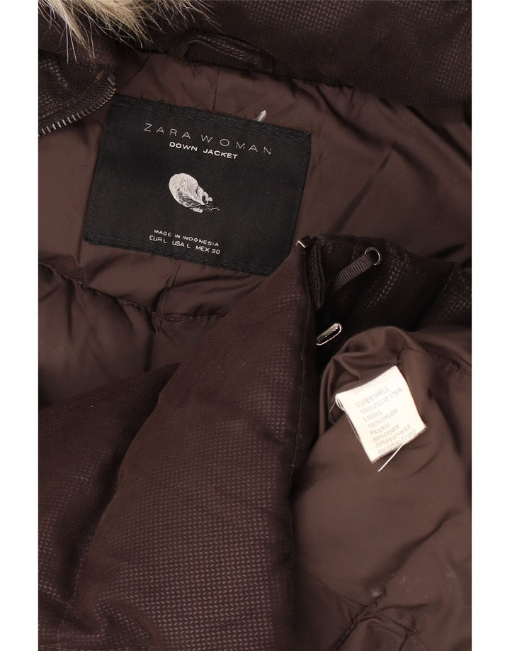 Zara Veste matelassée à capuche pour femme UK 40 Large Marron Polyester