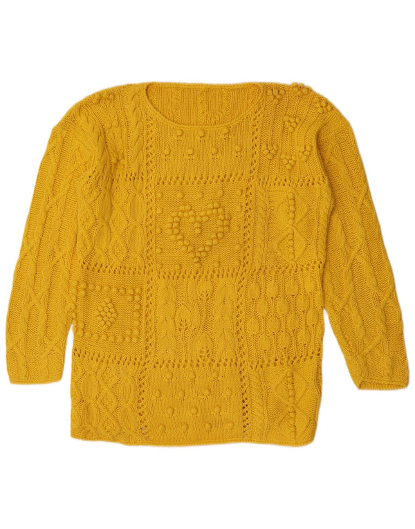 vintage Womens Boat Neck Jumper Pull UK 14 Coton Jaune Moyen