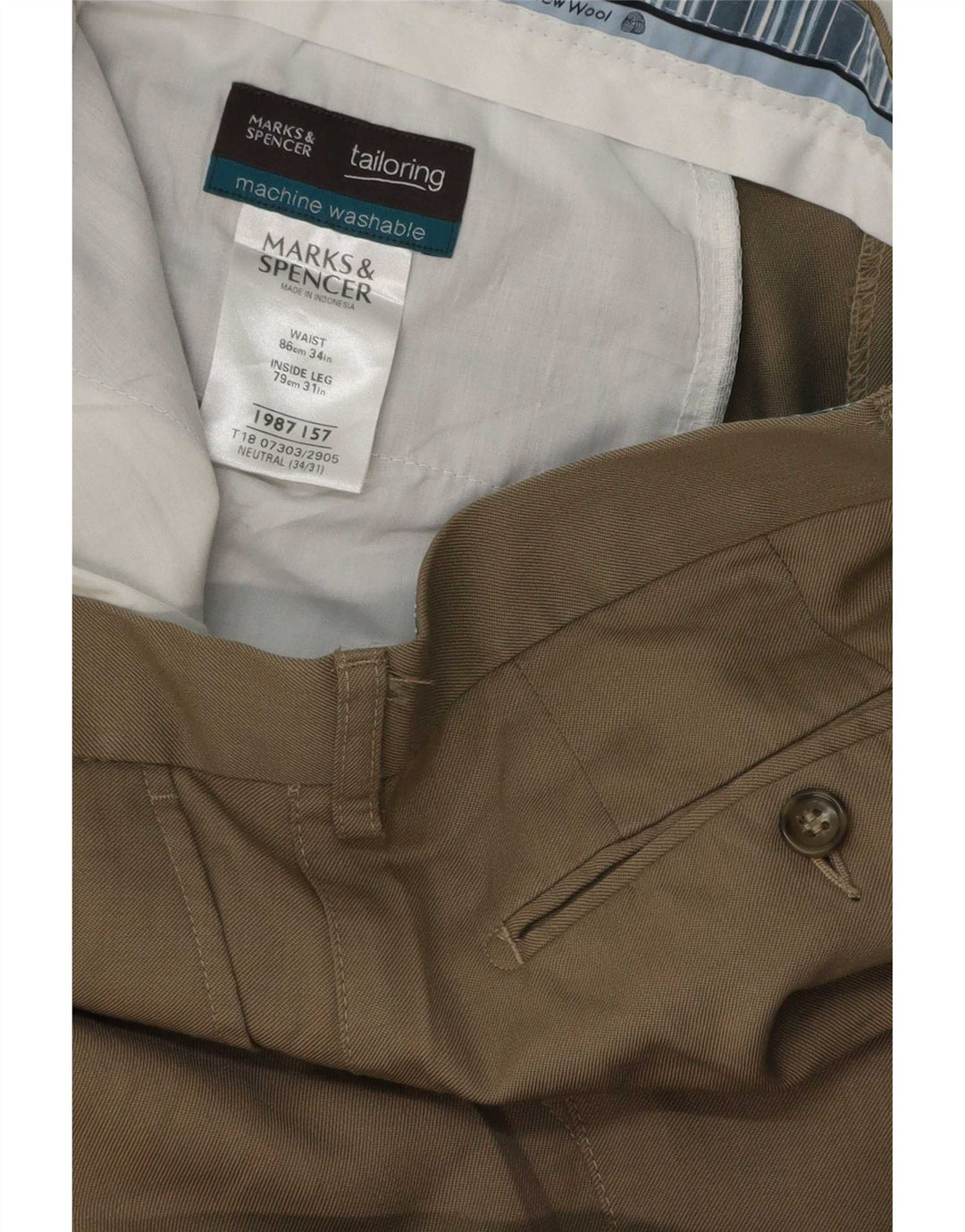 Marks & Spencer Pantalon de Costume Homme W34 L31 Laine Beige
