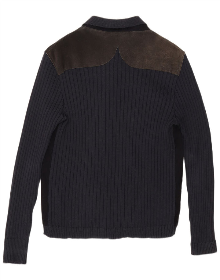 vintage Mens Cardigan Pull Moyen Bleu Marine Colorblock