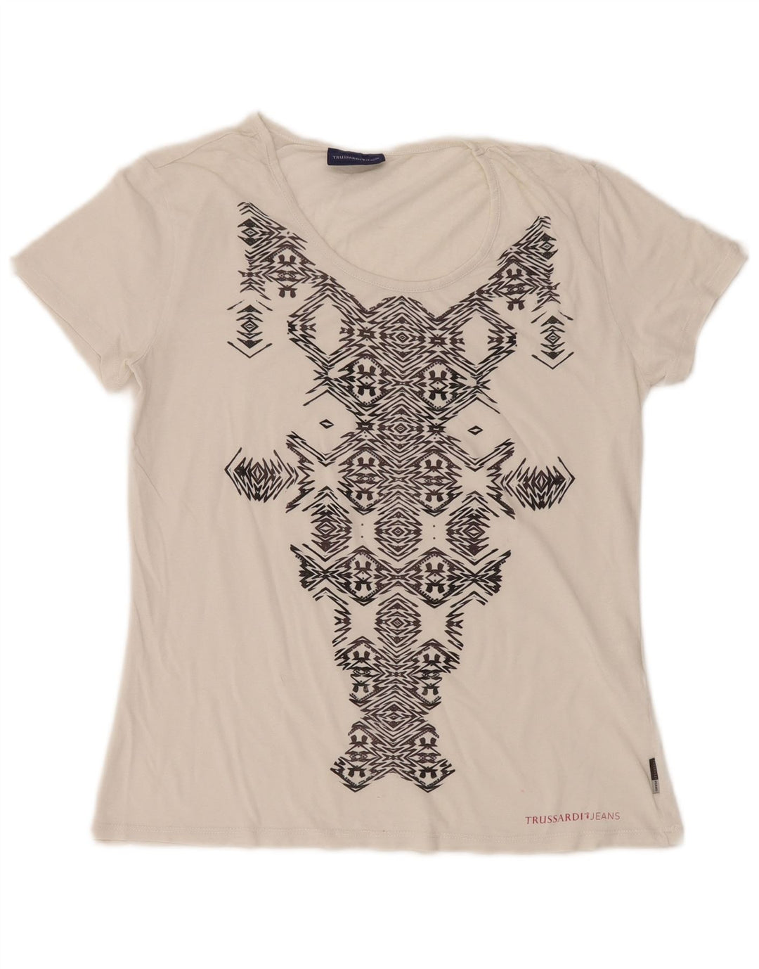 TRUSSARDI JEANS T-Shirt Graphique Femme UK 14 Grand Blanc Géométrique