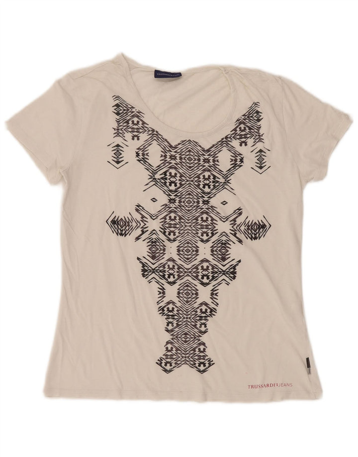 TRUSSARDI JEANS T-Shirt Graphique Femme UK 14 Grand Blanc Géométrique