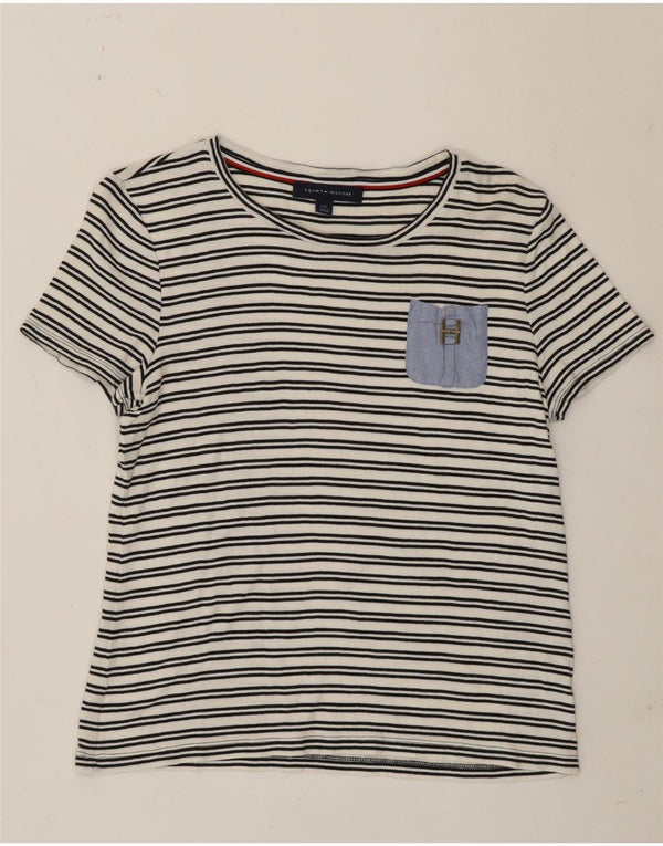Tommy Hilfiger T-Shirt Femme Top UK 14 Grand Coton Rayé Blanc