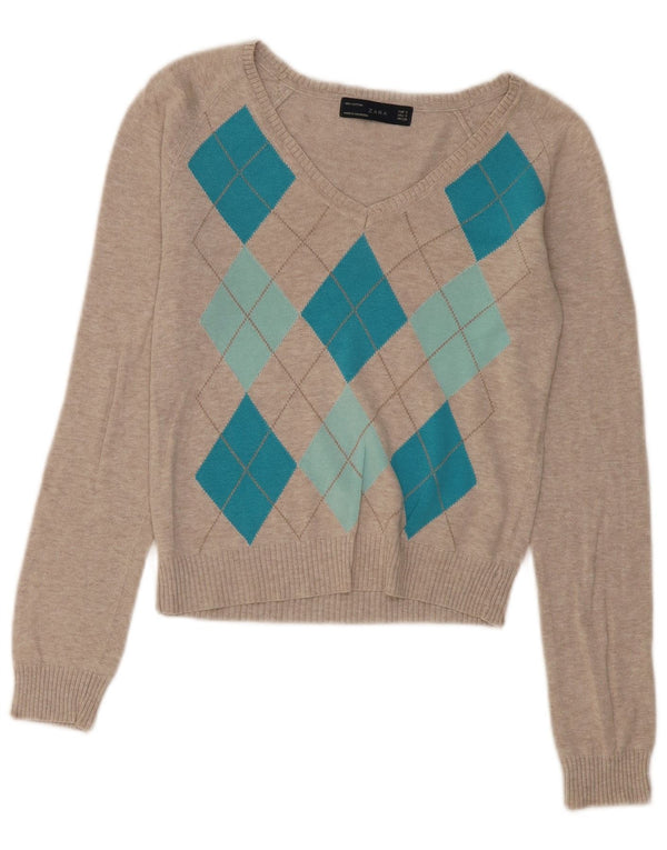 Zara Pull court à col en V pour femme UK 10 Petit Beige Argyle/Diamant