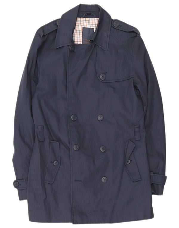 Zara Mens Trench Coat UK 40 Large Bleu Marine Coton