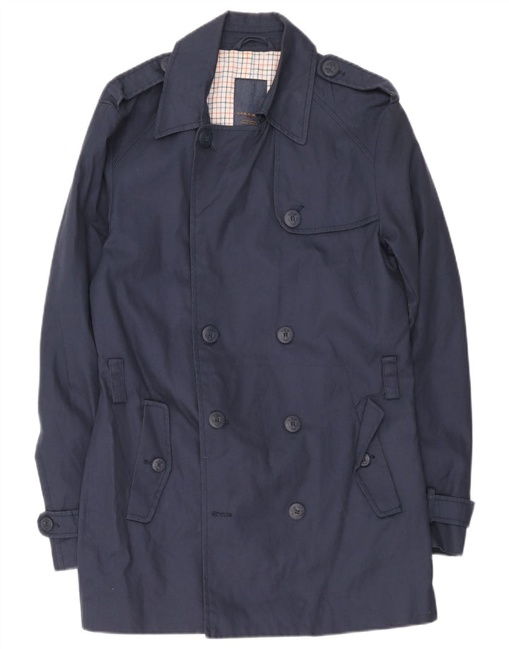 Zara Mens Trench Coat UK 40 Large Bleu Marine Coton