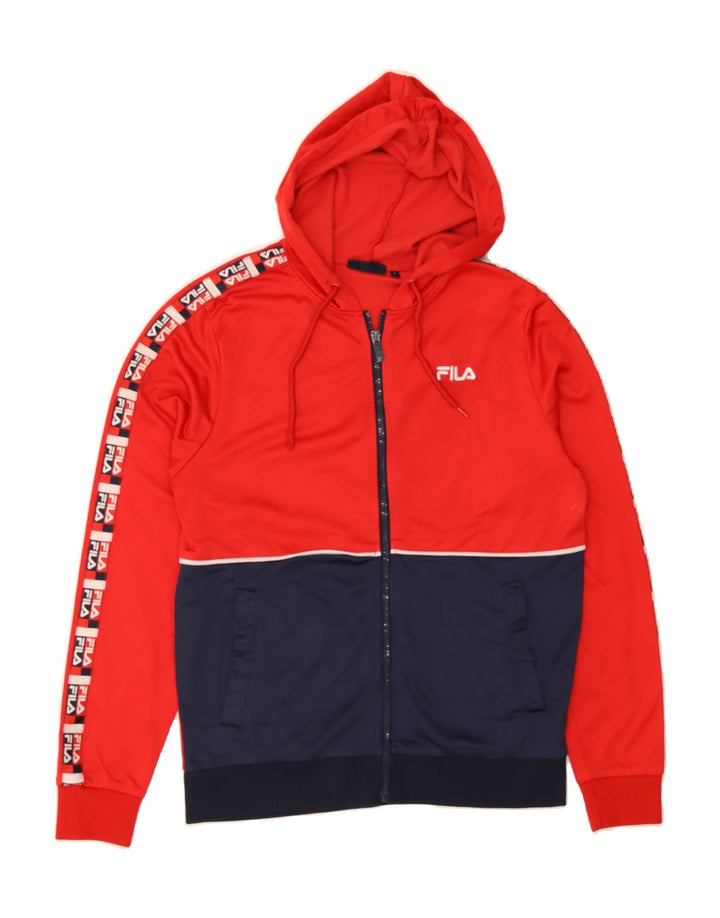 FILA Mens Graphic Zip Hoodie Sweater Small Red Colourblock Polyester Vintage Fila and Second-Hand Fila from Messina Hembry 