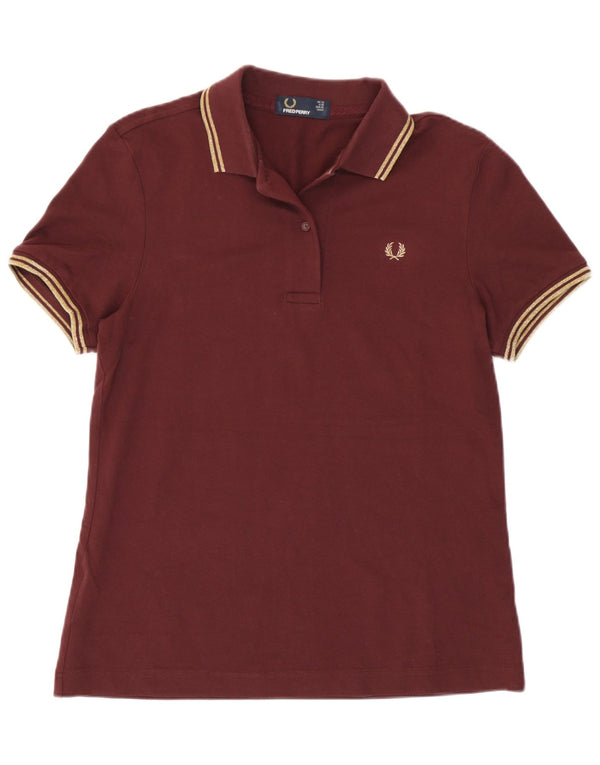 Fred Perry Polo Femme UK 12 Coton Rayé Bordeaux Moyen