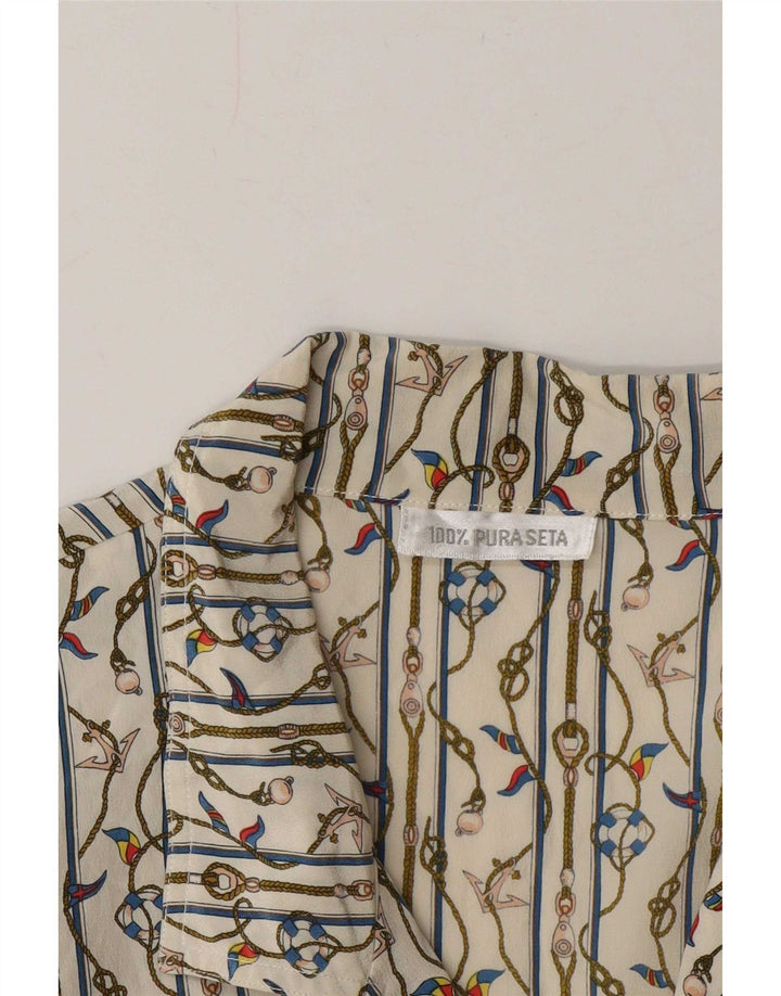 vintage Femme Motif Abstrait Chemise UK 14 Moyen Blanc Nautique