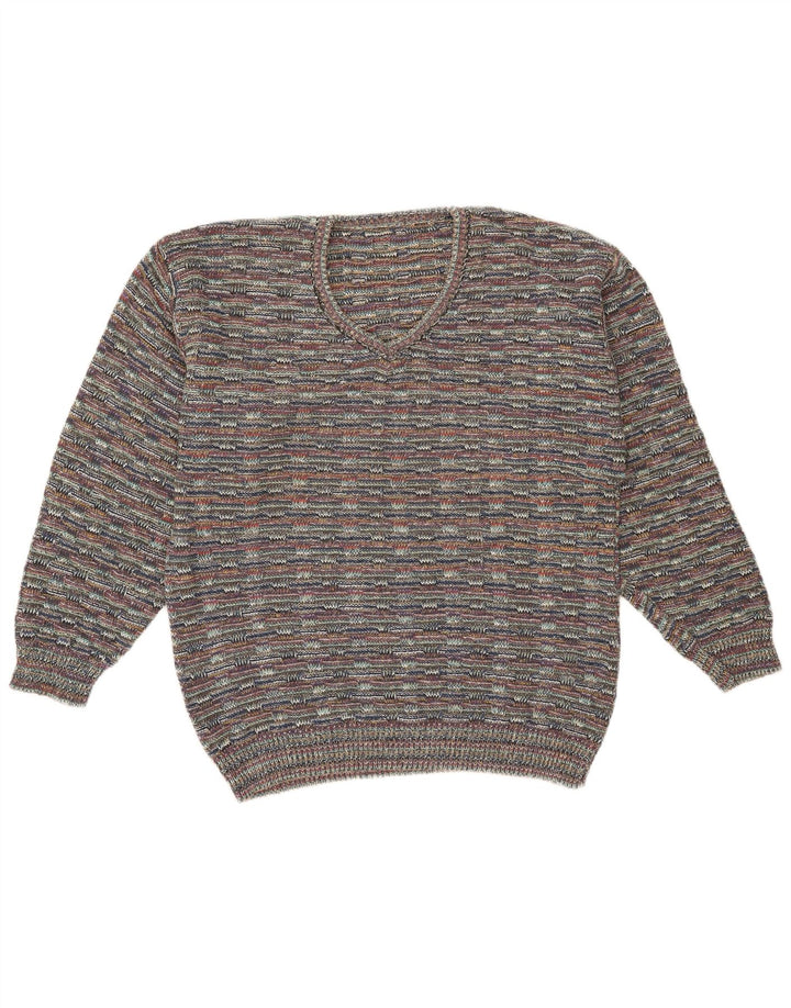 vintage Homme Col V Pull Pull XL Gris Moucheté