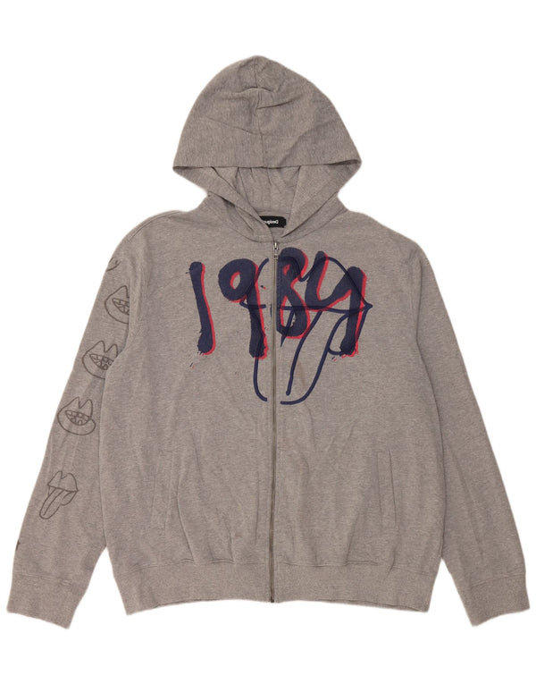 Desigual Pull à capuche zippé graphique pour homme 2XL Gris Coton