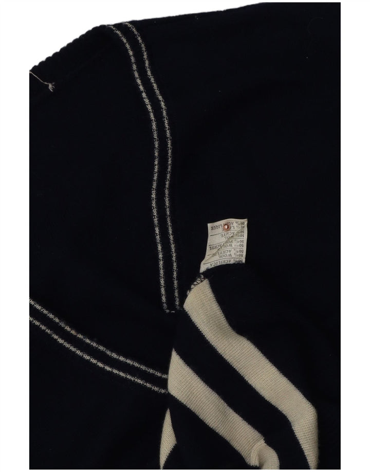 vintage Mens Vest Débardeur Moyen Bleu Marine Rayé Laine