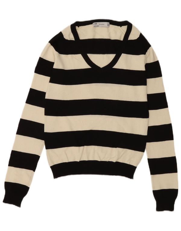 Zara Pull col V pour femme UK 12 en coton rayé noir moyen