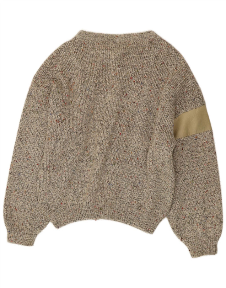 vintage Mens Cardigan Pull Moyen Beige Moucheté Alpaga Laine
