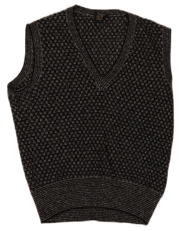 vintage Womens Vest Tank Top UK 14 Moyen Noir Géométrique
