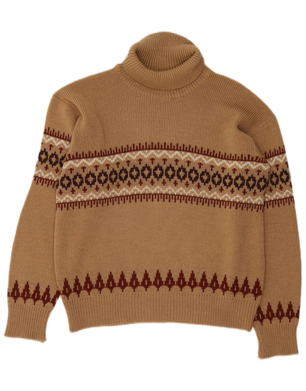 vintage Femmes Roll Neck Jumper Pull UK 14 Medium Brown Fair Isle