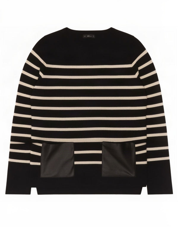 Zara Femme Pull Col Bateau UK 12 Medium Noir Rayé Viscose