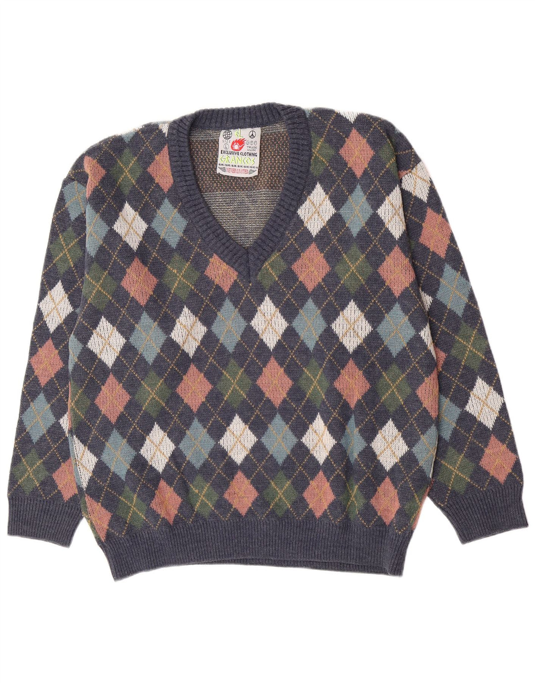 vintage Homme Col V Jumper Pull Grand Bleu Marine Argyle/Diamond Laine