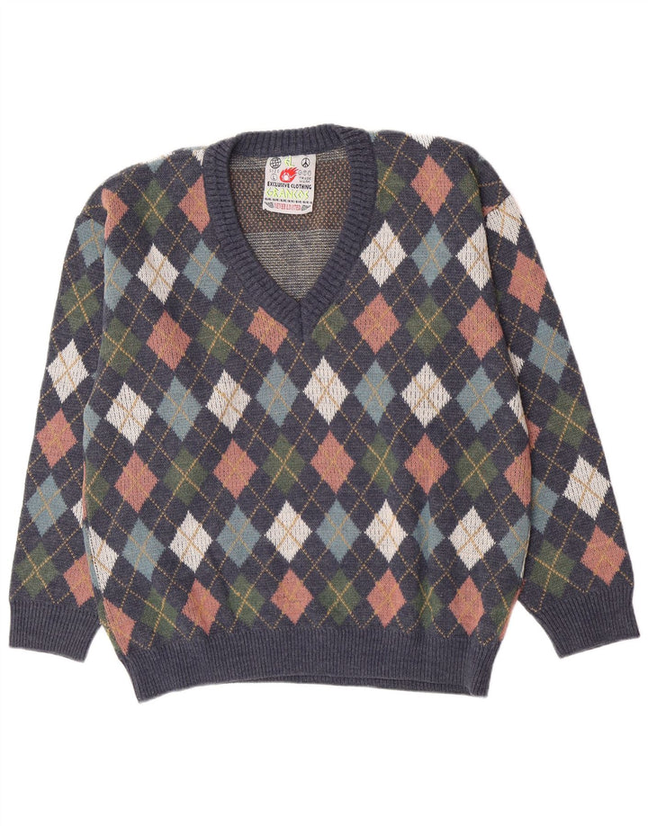 vintage Homme Col V Jumper Pull Grand Bleu Marine Argyle/Diamond Laine