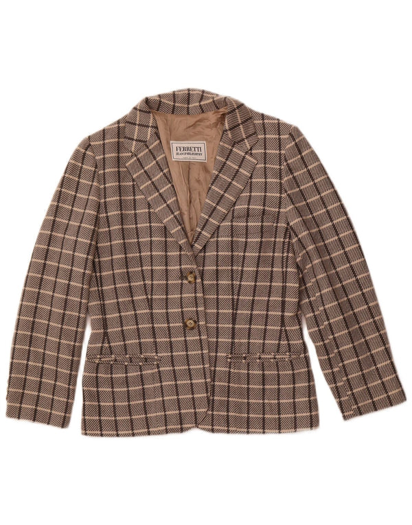 FERRETTI Veste Blazer 2 Boutons Femme UK 10 Petite Laine à Carreaux Marron
