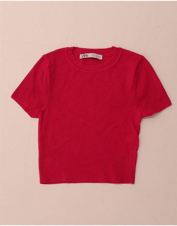 ZARA Pull court à manches courtes et col rond pour femme UK 8 Petit Rose