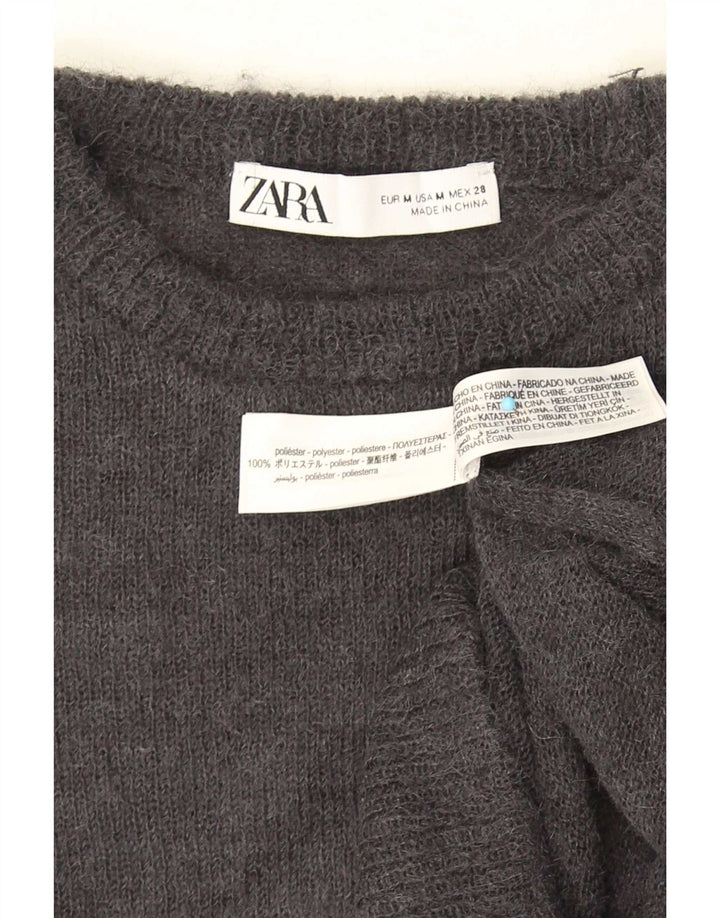 Zara Pull court à col rond pour femme UK 12 Gris moyen Polyester