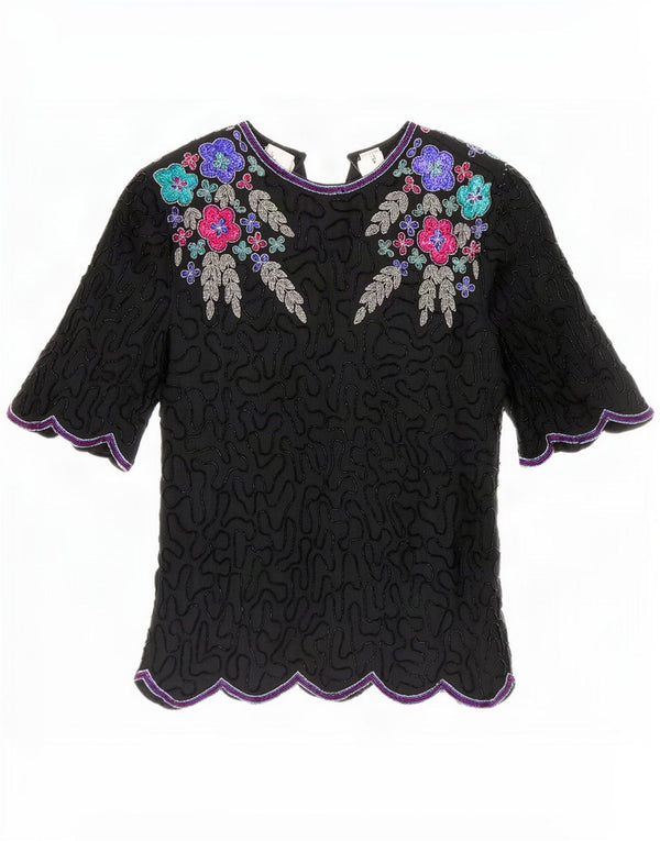 Laurence Kozar Chemisier Femme Top UK 14 Grande Soie Florale Noire