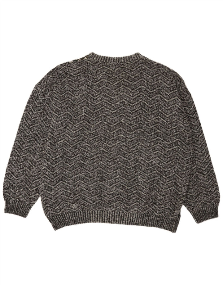 vintage Mens Crew Neck Jumper Pull XL Gris Patchwork Alpaga Laine