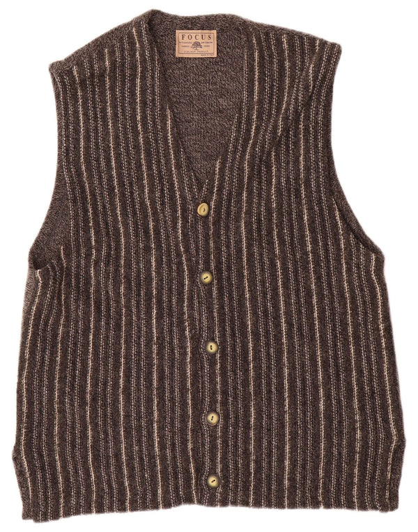 vintage Mens Cardigan sans manches Pull Laine rayée gris moyen