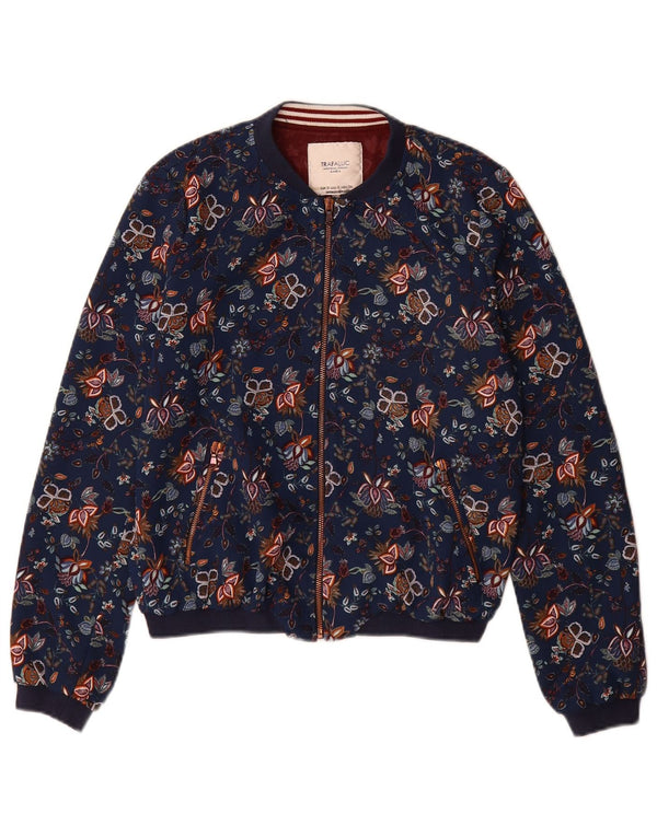 Zara Womens Trafaluc Bomber Jacket UK 10 Petit Bleu Marine Floral Polyester