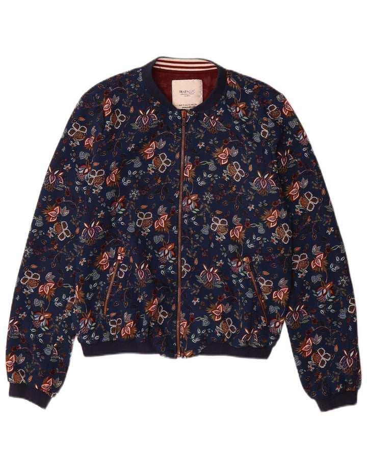 Zara Womens Trafaluc Bomber Jacket UK 10 Petit Bleu Marine Floral Polyester